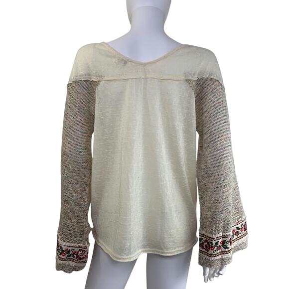 Umgee USA Henley Boho Blouse Size S Embroidered Bell Long Sleeve Knit Cream Tan - Picture 5 of 8